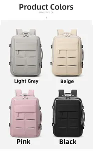 Vista dettagliata degli zaini impermeabili nei colori grigio chiaro, beige, rosa e nero
