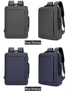 Detail view of business backpack in grey and blue with USB port and waterproof fabric