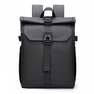 Minimalist black roll-top waterproof backpack for outdoor travel and urban commuting