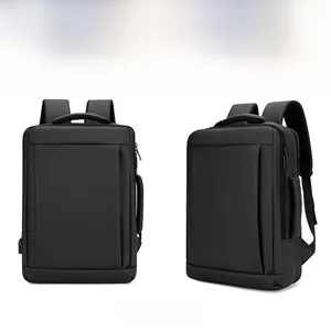Detail view of black waterproof business backpack with side USB port and breathable straps