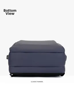 Bottom view of navy nylon backpack showing reinforced base and USB charging port