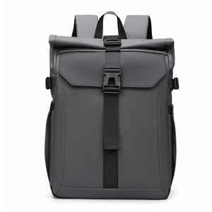 Front view of large capacity dark grey roll-top waterproof outdoor travel backpack