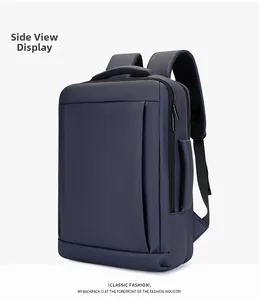 Side view of large business backpack with durable navy fabric and padded straps