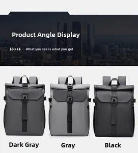 Outdoor backpacks in dark gray, gray and black with roll-top and vertical buckle straps