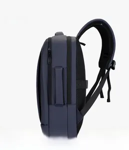 Side view of dark blue business laptop backpack showing depth and padded mesh back