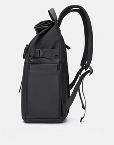 Side view of black roll-top backpack showing waterproof fabric and adjustable side straps
