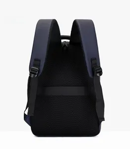 Detail of ergonomic breathable honeycomb mesh back padding on the blue business backpack