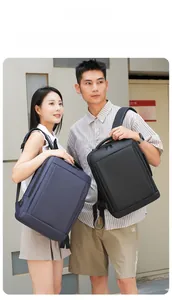 Detail showing the USB charging port and water-resistant fabric on business backpacks