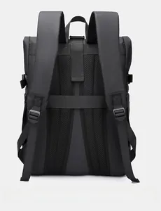 Ergonomic back view of black travel backpack with breathable mesh and luggage strap