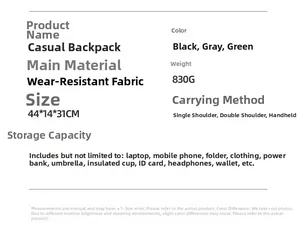 Detailed size and feature chart for this casual laptop backpack with 44x14x31cm dimensions