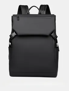 Front view of black minimalist laptop backpack with waterproof matte fabric and buckle closure