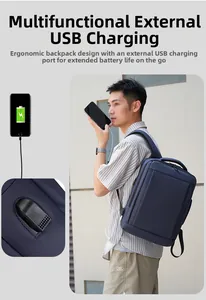 Business laptop backpack featuring external USB charging port and water-resistant fabric