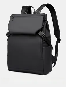 Black laptop backpack with high-density waterproof matte finish and side buckle detail
