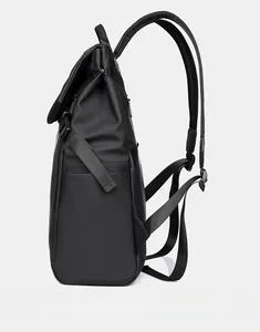 Side view of black laptop backpack featuring waterproof texture and adjustable buckle straps
