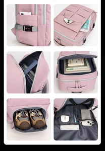 Dettaglio dello zaino rosa multifunzionale con vano laptop e tasca scarpe indipendente