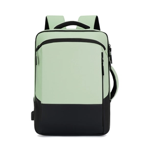 Minimalist large capacity green and black commuter backpack with a USB charging port