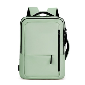 Minimalist mint green laptop backpack with USB charging port and multi-layer storage compartments