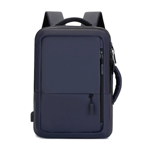 Front view of a navy blue waterproof laptop backpack with USB port for business commute