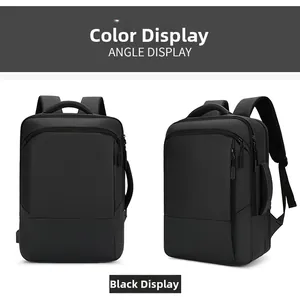 Front and side angle display of a black business laptop backpack in waterproof fabric