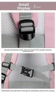 Dettaglio dello zaino rosa con spallacci grigi regolabili e fibbia ergonomica sul petto