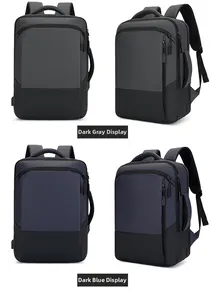 Business backpack set in dark grey and dark blue showing front and side views