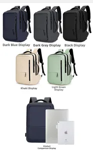 Waterproof backpack detail showing five colors and size comparison with 15.6 inch laptop