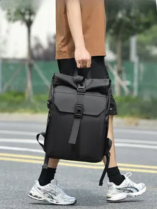 Detail of waterproof roll-top backpack with durable straps for urban commuting and travel
