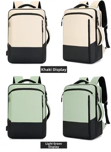 Front and side view of khaki and light green waterproof business laptop backpacks