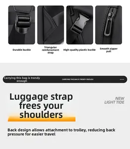 Detail view of reinforced straps and luggage belt on a black waterproof laptop backpack