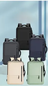 Collection of multi-functional laptop backpacks in five colors on geometric stands