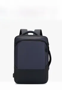 Front view of a navy blue business laptop backpack with top and side handles