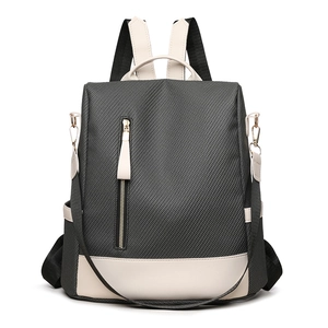 Deep grey woven women's backpack with cream leather trim and multi-way shoulder straps
