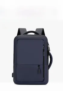 Detail of navy water-repellent nylon backpack featuring a side USB charging port