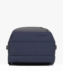 Bottom view of navy laptop backpack with reinforced stitching and external USB port