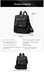 Detailed size chart for black nylon backpack showing dimensions 32x32x14cm and internal structure