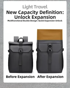 Detailed comparison of black travel backpack showing its expandable storage capacity