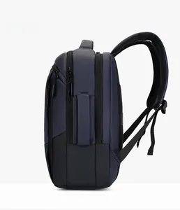 Side view of multi-compartment business backpack in navy blue and black with padded handle