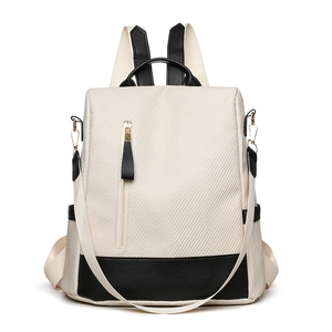 Minimalist woven faux leather backpack in white and black for casual women travel