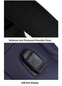 Detail of padded breathable shoulder straps and external USB charging port on backpack