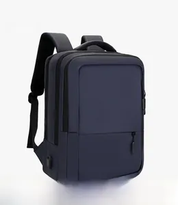 Deep blue water-resistant laptop backpack with side USB charging port and multi-layer pockets