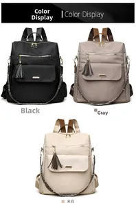 Three minimalist fashion backpacks in black, gray, and beige with leopard print straps