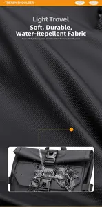 Detail of high-density water-resistant fabric with buckle on black travel backpack