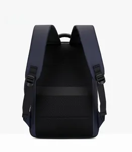 Detail of navy business backpack with breathable mesh padding and luggage strap