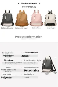Detailed size chart and multi-carry options for the woven PU leather backpack