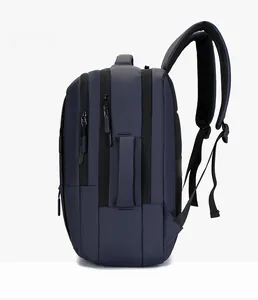 Side view of dark blue laptop backpack featuring multi-layered pockets and padded straps