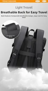 Detail of ergonomic honeycomb breathable mesh back panel on lightweight black backpack