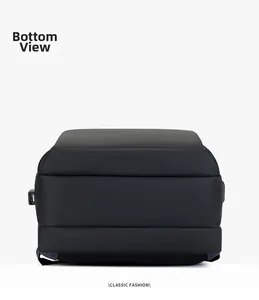 Detail view of the wide backpack base with integrated USB charging port for travel