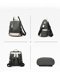 Detailed multi-angle views of khaki woven backpack with front zipper and side pockets