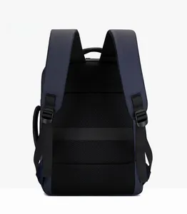 Detail of ergonomic breathable back padding and luggage strap on navy laptop backpack