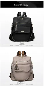 Dual view of black and taupe waterproof travel backpacks with leopard print straps